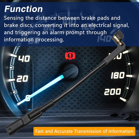 KPALAG front disc brake pad wear sensor, black plastic with metal contact, displayed over a car speedometer