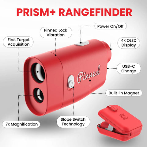 Slope Golf Rangefinder With Slope Switch Laser Lock And Vibration Feedback USB C Rechargeable, red design with features labeled