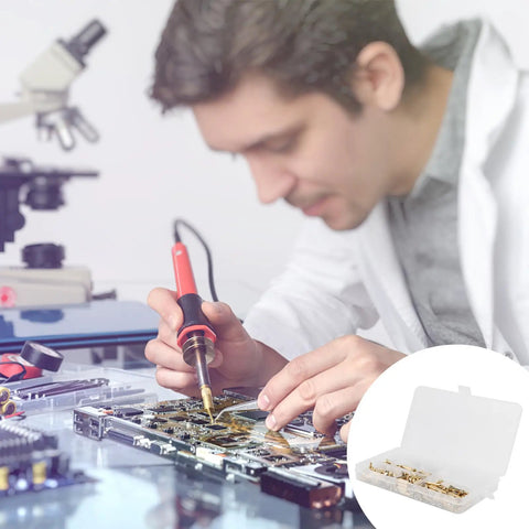 Technician using Real Deal M3 Brass Hex Standoff Screw And Nut Assortment Kit For PCB Circuit Boards Mounting Hardware on electronics.