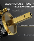 Close-up of brass gears on Rover Round Baitcasting Reel For Right Handed Fishing, Heavy Duty Aluminum Side Plates, CNC Spool, Brass Gears