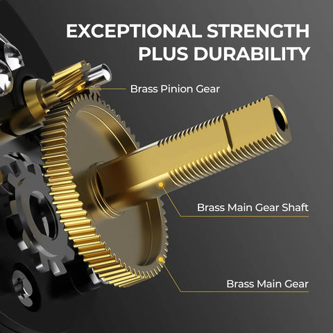 Close-up of brass gears on Rover Round Baitcasting Reel For Right Handed Fishing, Heavy Duty Aluminum Side Plates, CNC Spool, Brass Gears