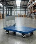 Heavy Duty Folding Transport Cart With Aluminum Handle And Rugged Deck For Easy Box Hauls In Warehouses Labs And Classrooms Four Wheel Push Cart For Daily Use And Reliable Smooth Mobility, blue deck