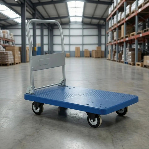 Heavy Duty Folding Transport Cart With Aluminum Handle And Rugged Deck For Easy Box Hauls In Warehouses Labs And Classrooms Four Wheel Push Cart For Daily Use And Reliable Smooth Mobility, blue deck