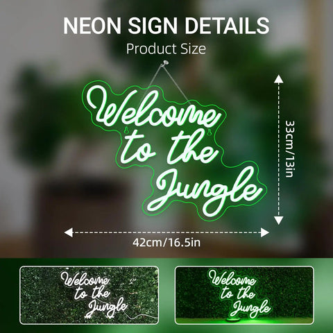 Welcome To The Jungle Neon Sign Green LED Light For Wall Decor USB Powered Jungle Theme Decor 16.5x13 in size display