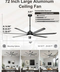 Big 72 Inch Ceiling Fan With Lights, 8000 CFM Industrial High Airflow Ceiling Fan With Remote And App Control, 7 Aluminum Blades