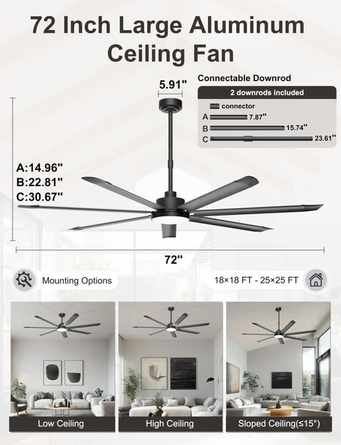 Big 72 Inch Ceiling Fan With Lights, 8000 CFM Industrial High Airflow Ceiling Fan With Remote And App Control, 7 Aluminum Blades