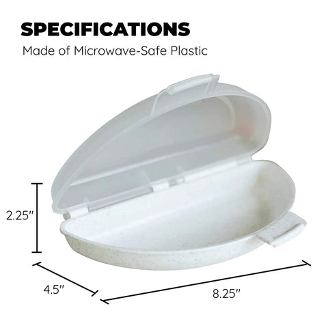 Open view of Microwave Omelet Maker For 3 Eggs, nonstick breakfast cooker, dimensions labeled, made of microwave-safe plastic.