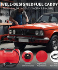 3 Gallon Marine Portable Gas Tank for Outboard Boats With Line I Shaped Handle in a garage with vintage car background