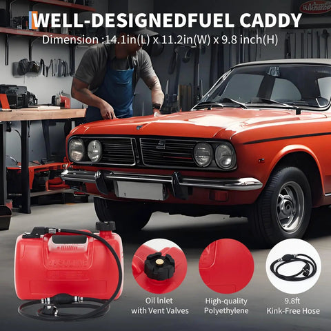 3 Gallon Marine Portable Gas Tank for Outboard Boats With Line I Shaped Handle in a garage with vintage car background
