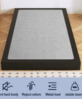 Heavy Duty Twin Bed Box Spring With Noise Free Metal Frame And Thick Fabric Cover For Memory Foam And Innerspring Mattresses Quick Snap Together Assembly Low Riser Sleep Game Changer, top view on wooden floor.