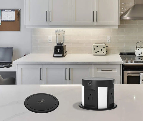 Automatic Pop Up Outlet For Countertops With Recessed Power Strip 4 AC Outlets 2 USB A 2 USB C And Wireless Charging Station