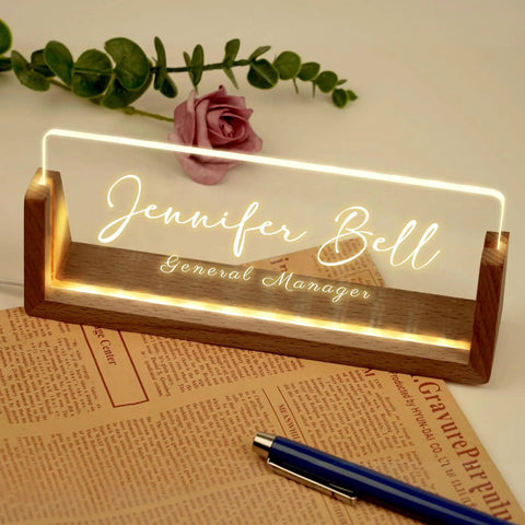 Personalized Acrylic Desk Name Plate With Light Up Base featuring 'Jennifer Bell General Manager' for modern office decor.
