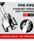 Heavy Duty Pipe Threader Kit For 1/2 And 3/4 Inch Npt Pipes With Internal External Reamer Tool, showing PPR pipe thread cutting head.