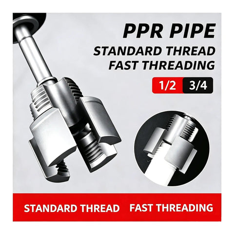 Heavy Duty Pipe Threader Kit For 1/2 And 3/4 Inch Npt Pipes With Internal External Reamer Tool, showing PPR pipe thread cutting head.