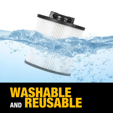 Beefed Up Vacuum Filter Replacement For DXV Series Shop Vacs submerged in water, highlighting washable and reusable features.
