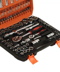 Open case of 108 Piece Impact Socket Set Built From Chrome Vanadium Steel Heavy Duty Workhorse All In One Wrench And Bit Kit For Car Maintenance