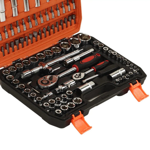 Open case of 108 Piece Impact Socket Set Built From Chrome Vanadium Steel Heavy Duty Workhorse All In One Wrench And Bit Kit For Car Maintenance