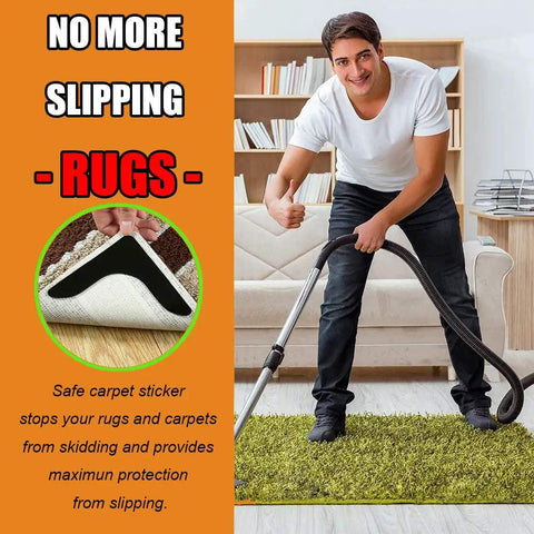 Man using Ultra Sticky Rug Grippers For Anti Curling Non Slip Rug Tape Keeps Your Rug In Place And Makes Edges And Corners Flat 8 Pack