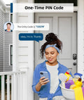 Person using a smartphone to access front door with Fingerprint Door Lock Set With Keypad And Handle No Keys Needed Smart Auto Lock.