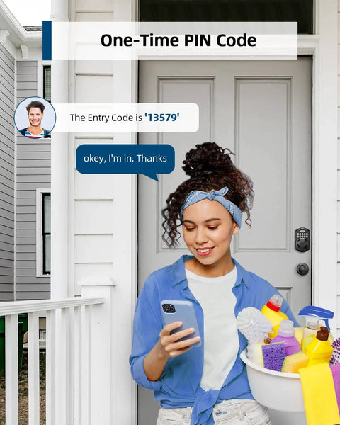 Person using a smartphone to access front door with Fingerprint Door Lock Set With Keypad And Handle No Keys Needed Smart Auto Lock.