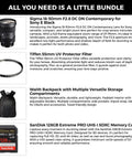 Collage showing 18 50mm F2.8 DC DN Contemporary Lens For Sony E Mount Bundle with UV Protector, 128GB SDXC, and Waith Backpack