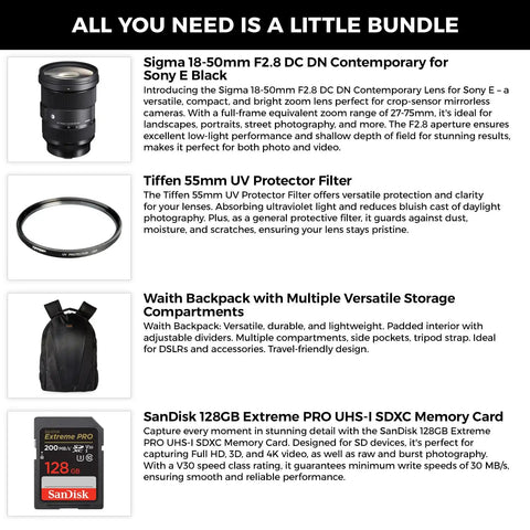 Collage showing 18 50mm F2.8 DC DN Contemporary Lens For Sony E Mount Bundle with UV Protector, 128GB SDXC, and Waith Backpack
