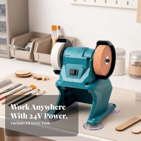 Kickass Compact Bench Grinder Featuring Dual Wheel Sharpening And Polishing Rig With Rugged Suction Base showing tools on workbench.