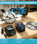 Heavy Duty 6 Inch Cordless Circular Saw With 21V Brushless Motor Dual 6Ah Battery Packs and accessories on workbench.