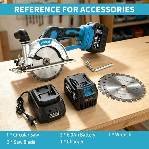 Heavy Duty 6 Inch Cordless Circular Saw With 21V Brushless Motor Dual 6Ah Battery Packs and accessories on workbench.