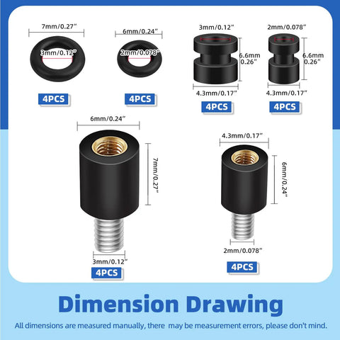 Anti Vibration Standoffs And Rubber Damper Balls Set With M2 And M3 Screws For Drone Flight Controller Mounts showing size dimensions and variations.