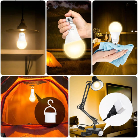 Rechargeable Emergency LED Light Bulb 2 Pack With Battery Backup A19 E26 Base in various usage scenarios including camping and home use.