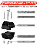 Winch cable hook stopper with installation tools for Off Road Beefed Up Winch Rope Kit With Eight Thousand Five Hundred Pounds Capacity And Three Sixteenth Inch By Fifty Foot Synthetic Cable Protective Sheath Heavy Duty Hook Safety Pull Strap Rubber Stopper Ideal For Four By Four ATV UTV.