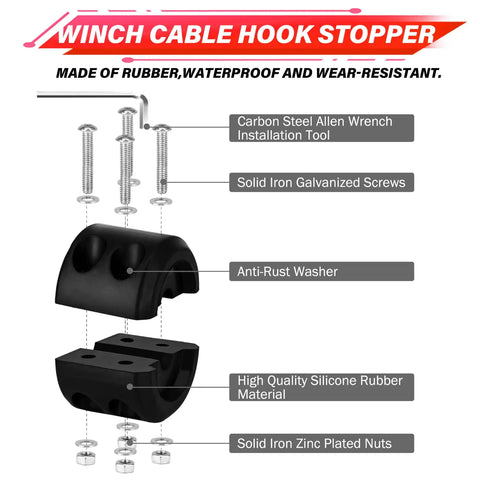 Winch cable hook stopper with installation tools for Off Road Beefed Up Winch Rope Kit With Eight Thousand Five Hundred Pounds Capacity And Three Sixteenth Inch By Fifty Foot Synthetic Cable Protective Sheath Heavy Duty Hook Safety Pull Strap Rubber Stopper Ideal For Four By Four ATV UTV.