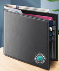 Straight Fire Green Turquoise Concho Buttons 10 Pack With Screw Back Fasteners on a black leather wallet with cards.