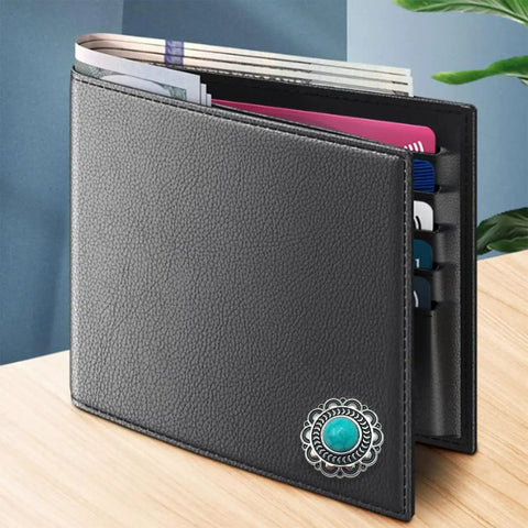 Straight Fire Green Turquoise Concho Buttons 10 Pack With Screw Back Fasteners on a black leather wallet with cards.