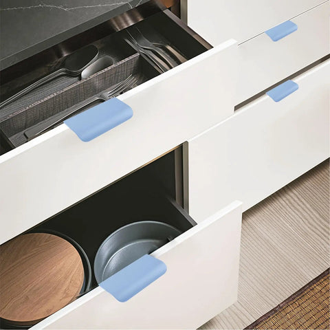 Blue 150mm Finger Edge Pull 4 Pack Concealed Drawer Handles with screws on white kitchen cabinets.