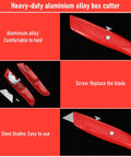 12 Pack Bulk Retractable Utility Knives Heavy Duty Aluminum Box Cutters For Cardboard Plastic Cartons DIY Projects Home Office Warehouse Red Handles Great For Packaging Opening And Crafting, red aluminum blade close-up