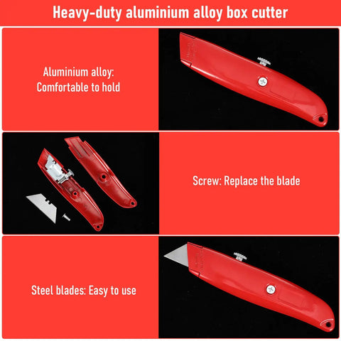 12 Pack Bulk Retractable Utility Knives Heavy Duty Aluminum Box Cutters For Cardboard Plastic Cartons DIY Projects Home Office Warehouse Red Handles Great For Packaging Opening And Crafting, red aluminum blade close-up