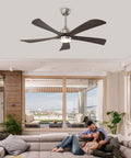 52" 5PCS Solid Wood Blades Ceiling Fan with Lights Remote Control, Nickel installed in a modern living room with couple.