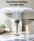 Bedroom Oscillating Pedestal Fan With DC Motor Ultra Quiet 20dB 120 Degree Oscillation in living room with airflow visualization