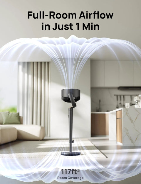 Bedroom Oscillating Pedestal Fan With DC Motor Ultra Quiet 20dB 120 Degree Oscillation in living room with airflow visualization