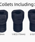 Collets for Heavy Duty 95 Degree Right Angle Air Die Grinder, including 1/8, 3, and 3/32 inch sizes, suited for precision work.