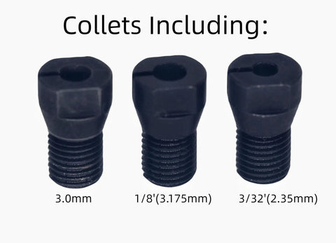 Collets for Heavy Duty 95 Degree Right Angle Air Die Grinder, including 1/8, 3, and 3/32 inch sizes, suited for precision work.
