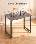 Compact 32 Inch Computer Desk In Brown With Steel Frame And Adjustable Feet, shown with dimensions and weight capacity.