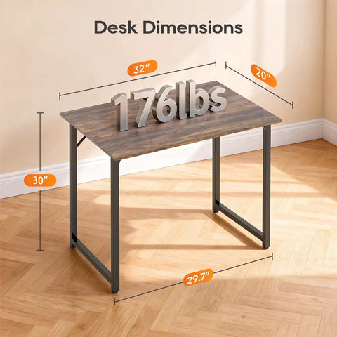 Compact 32 Inch Computer Desk In Brown With Steel Frame And Adjustable Feet, shown with dimensions and weight capacity.