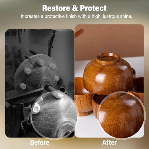 Before and after image showing the effect of Straight Up Pure Carnauba Wax Bar for Wood Finishing on wooden bowls.