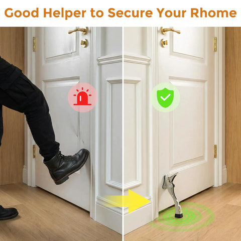 Kickdown Door Stoppers Bottom Mount Foot Pedal Latch Keeps Doors Wide Open Prevents Slamming And Protects Walls No Fuss Setup Heavy Duty Door Holders 2 Pack Slam Blocker For Homes And Offices Hands Free Operation Everyday Use - foot pedal latch in use on door.