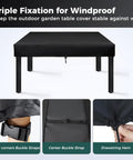 All Weather Outdoor Rectangular Table Cover 65 Inch Long By 40 Inch Wide By 6 Inch High For Patio Dining And Picnic Tables Waterproof Windproof Stain Resistant Durable With Drawstring Hem And Corner Buckles with fixation features.