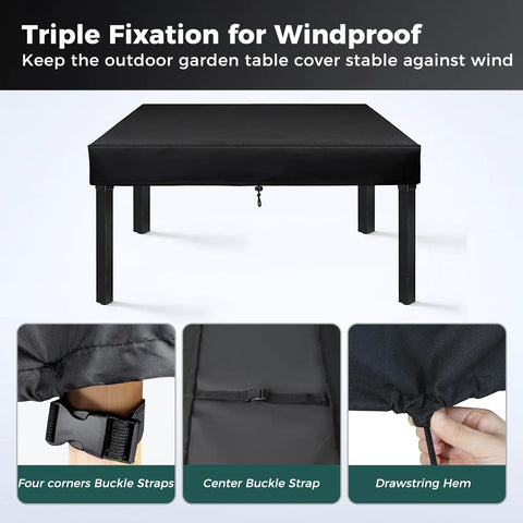All Weather Outdoor Rectangular Table Cover 65 Inch Long By 40 Inch Wide By 6 Inch High For Patio Dining And Picnic Tables Waterproof Windproof Stain Resistant Durable With Drawstring Hem And Corner Buckles with fixation features.
