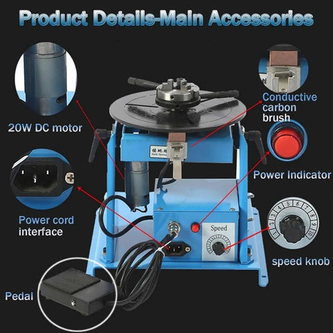 Portable Rotary Welding Positioner With Versatile Cutting And Grinding Assembly Table showing 20W DC motor, power cord interface, and speed control.